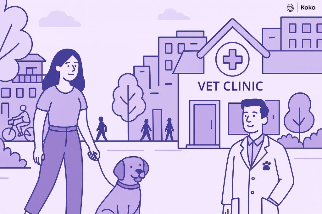 Illustration showing a map with pins for a vet clinic location