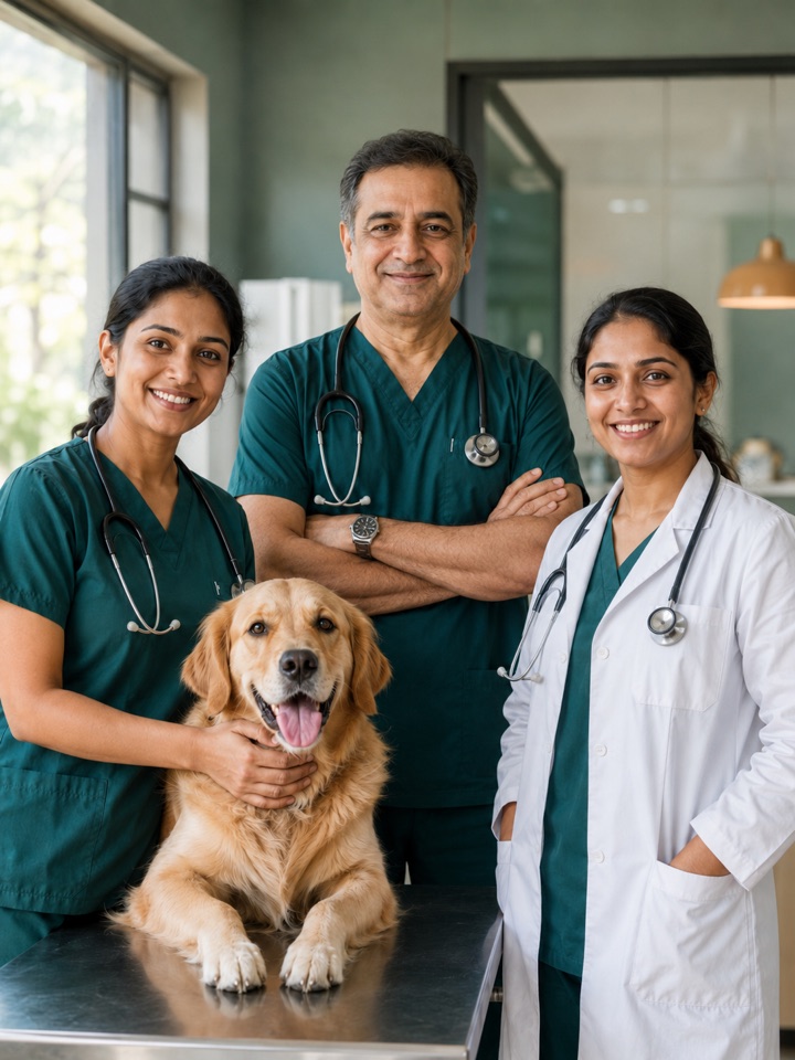 A veterinary clinic team with a golden retriever