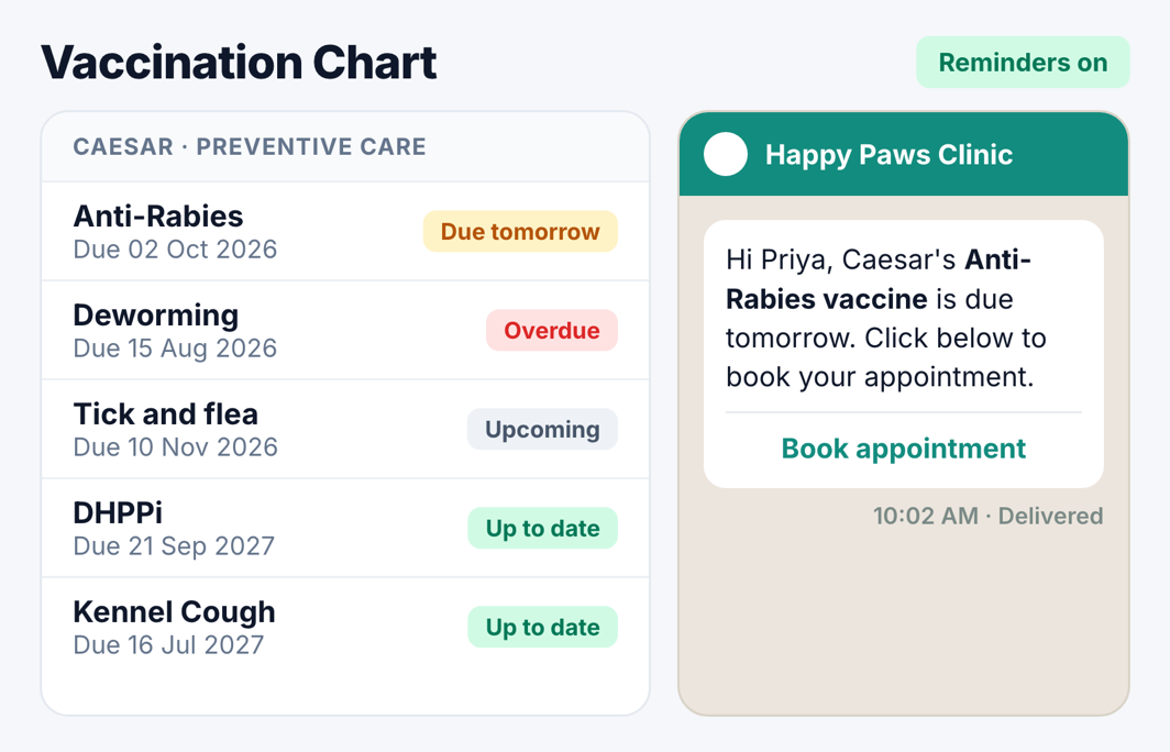 Koko vaccination chart with a WhatsApp reminder sent to the pet parent