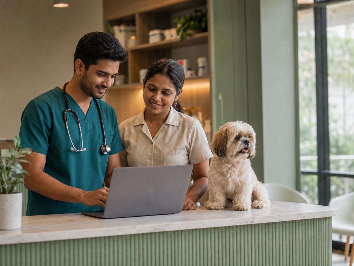 A vet and clinic receptionist reviewing a pet's record on Koko at the front desk, a dog on the counter