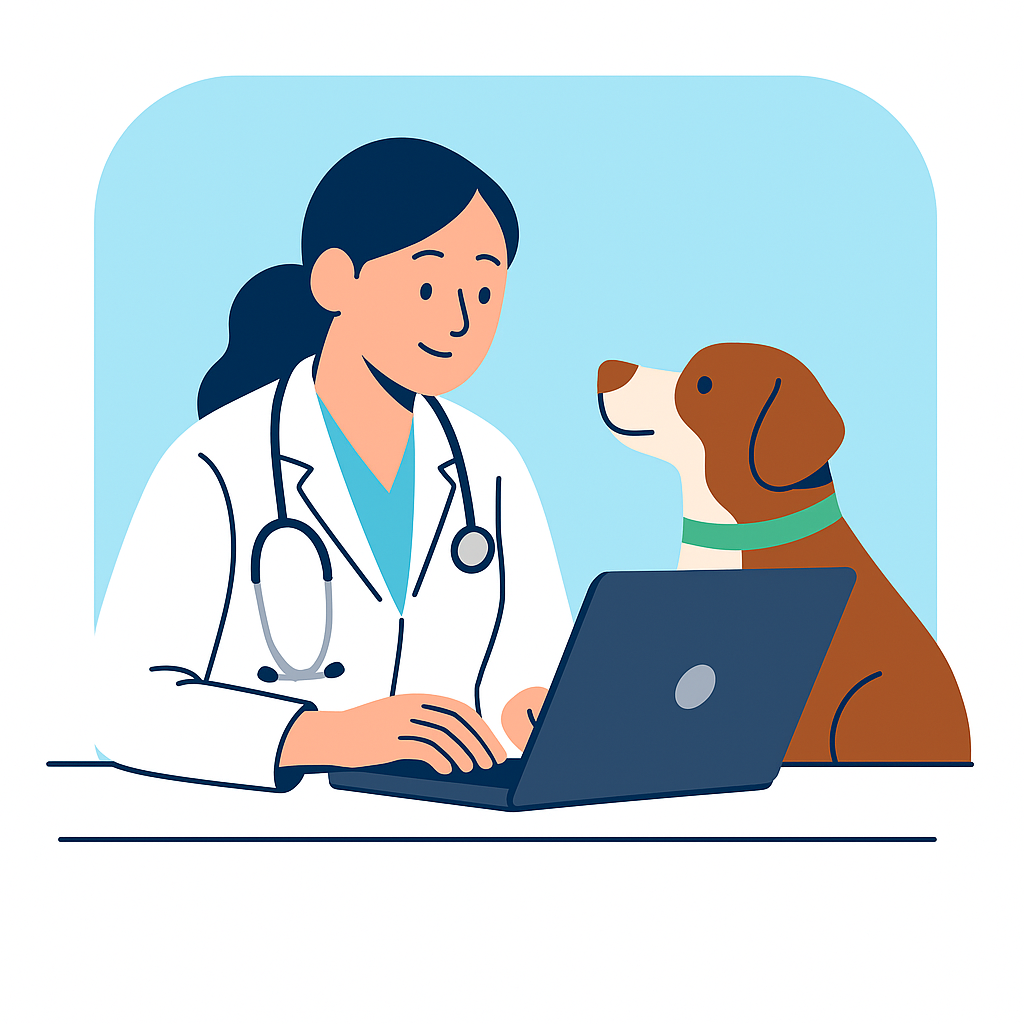 Veterinarian using Koko software on laptop next to a dog