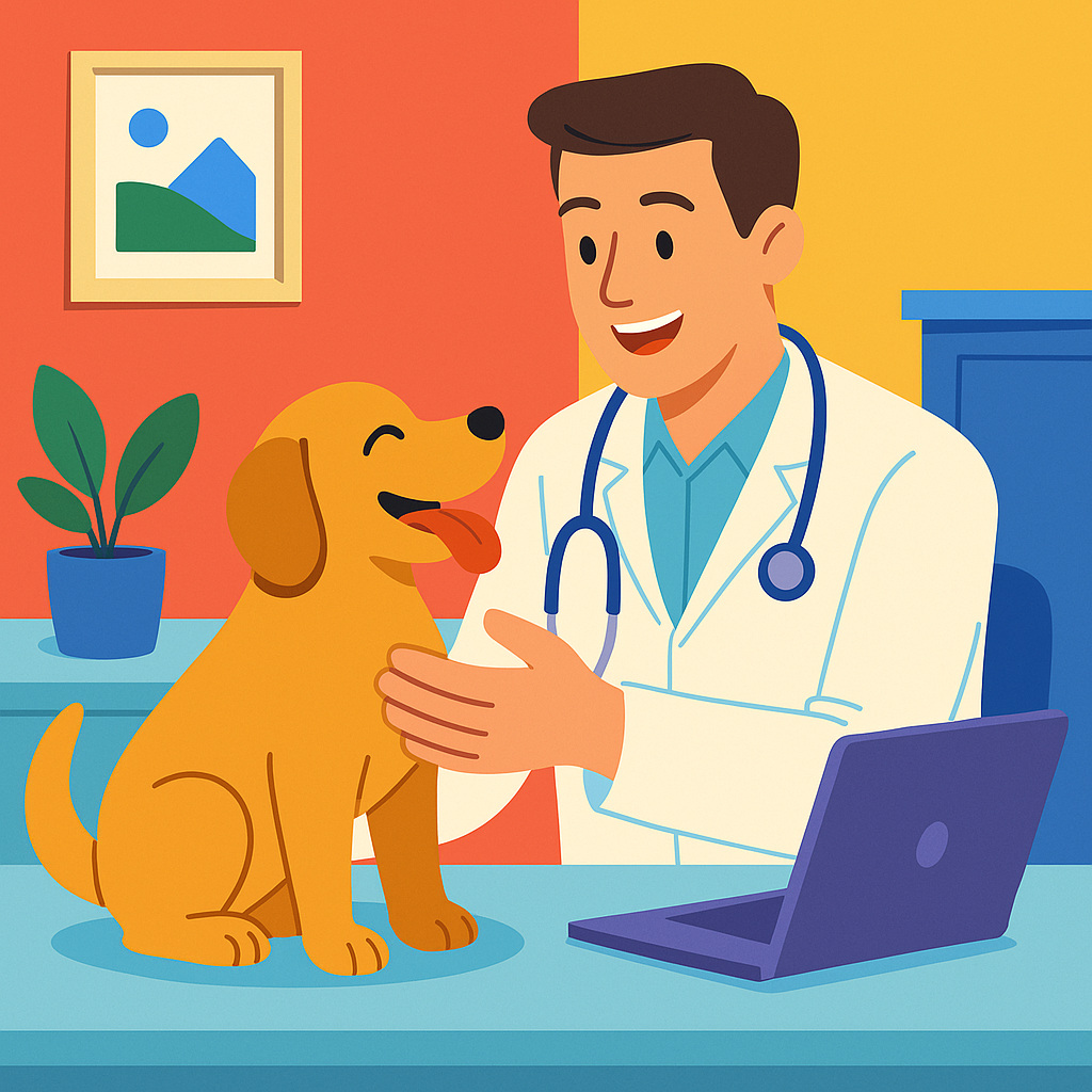 Veterinarian using Koko software with a happy dog